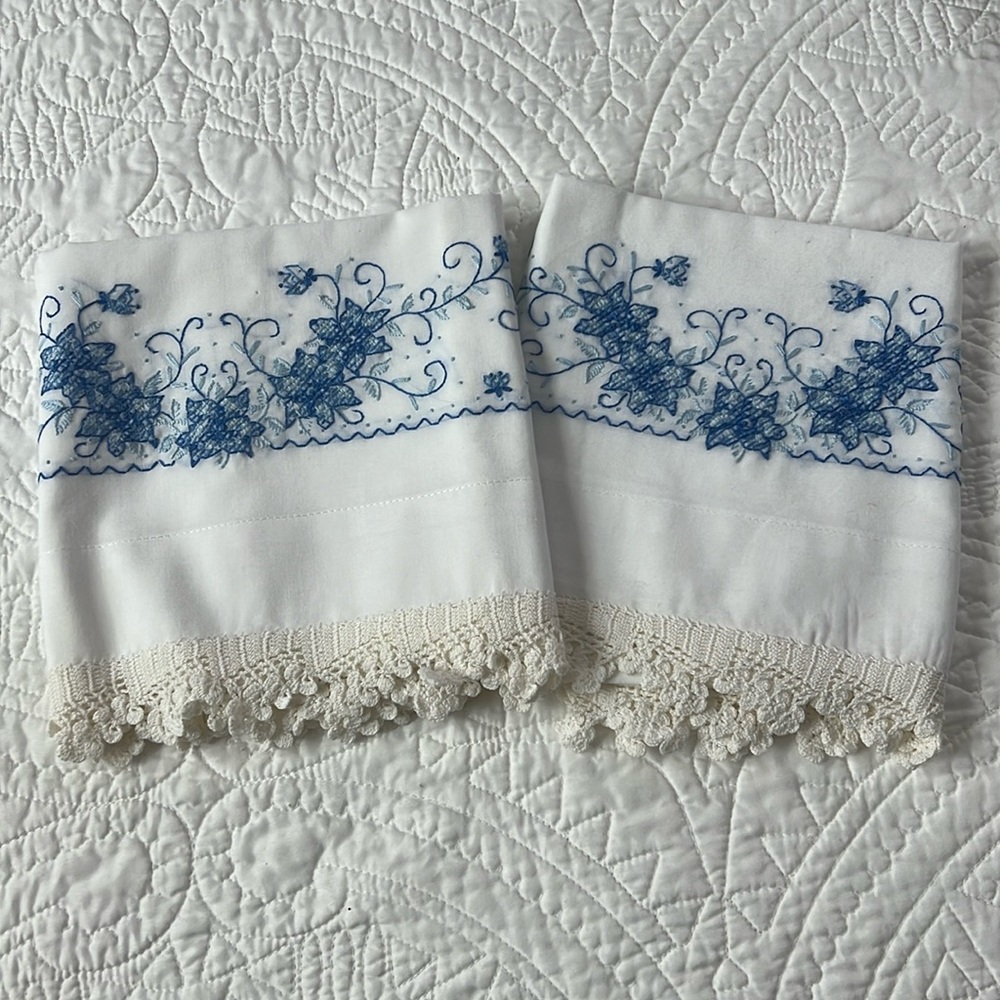 Vintage Pillow Cases Hand Embroidered & Crocheted Blue Floral Lace Edging Clean